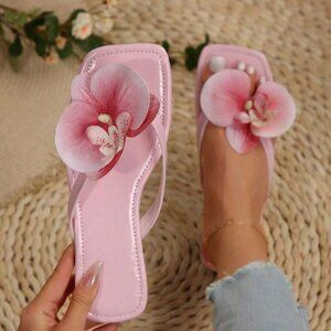 Women Orchid Flower Decor Sandals Flat Slip Square Tip Summer Beachwear - US 7